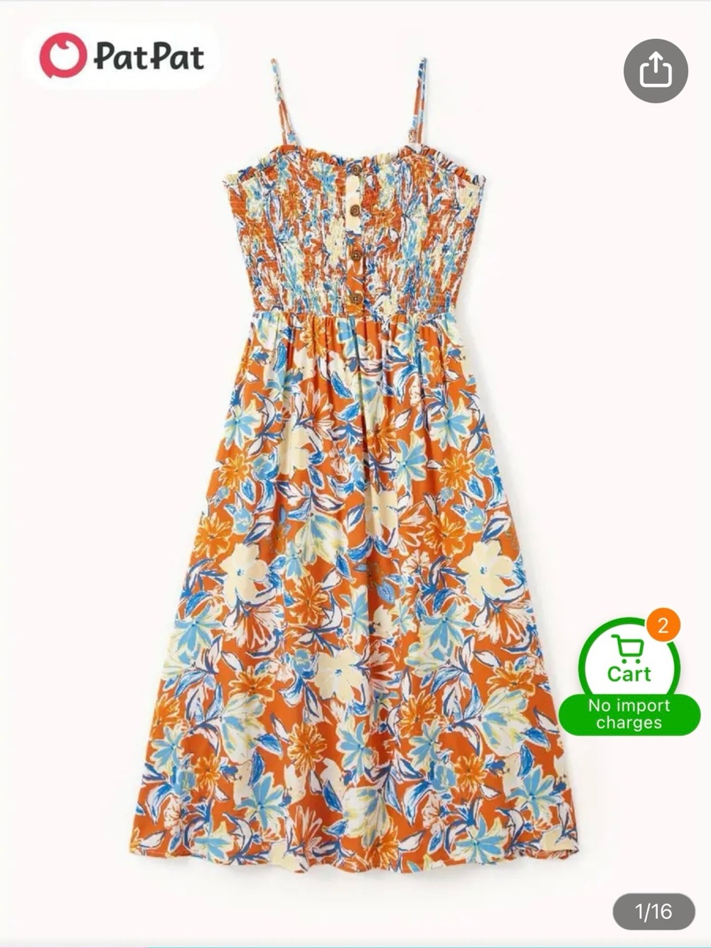 PatPat Orange Floral Smocked Maxi Dress with Blue Accents